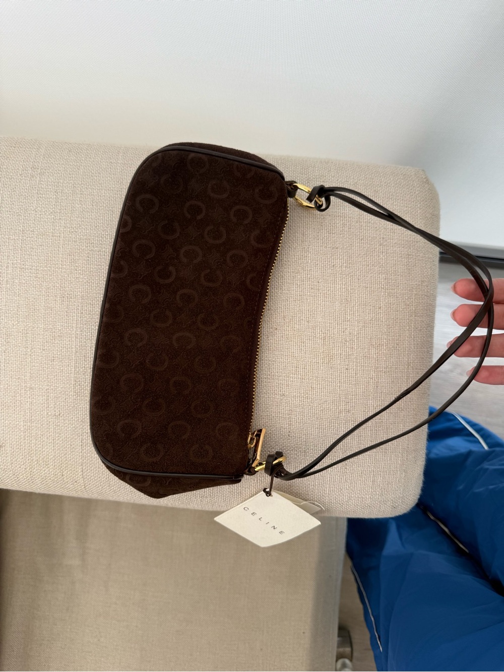 Celine Dark Brown Suede Shoulder Bag with Gold Hardware - Picture 3 of 8